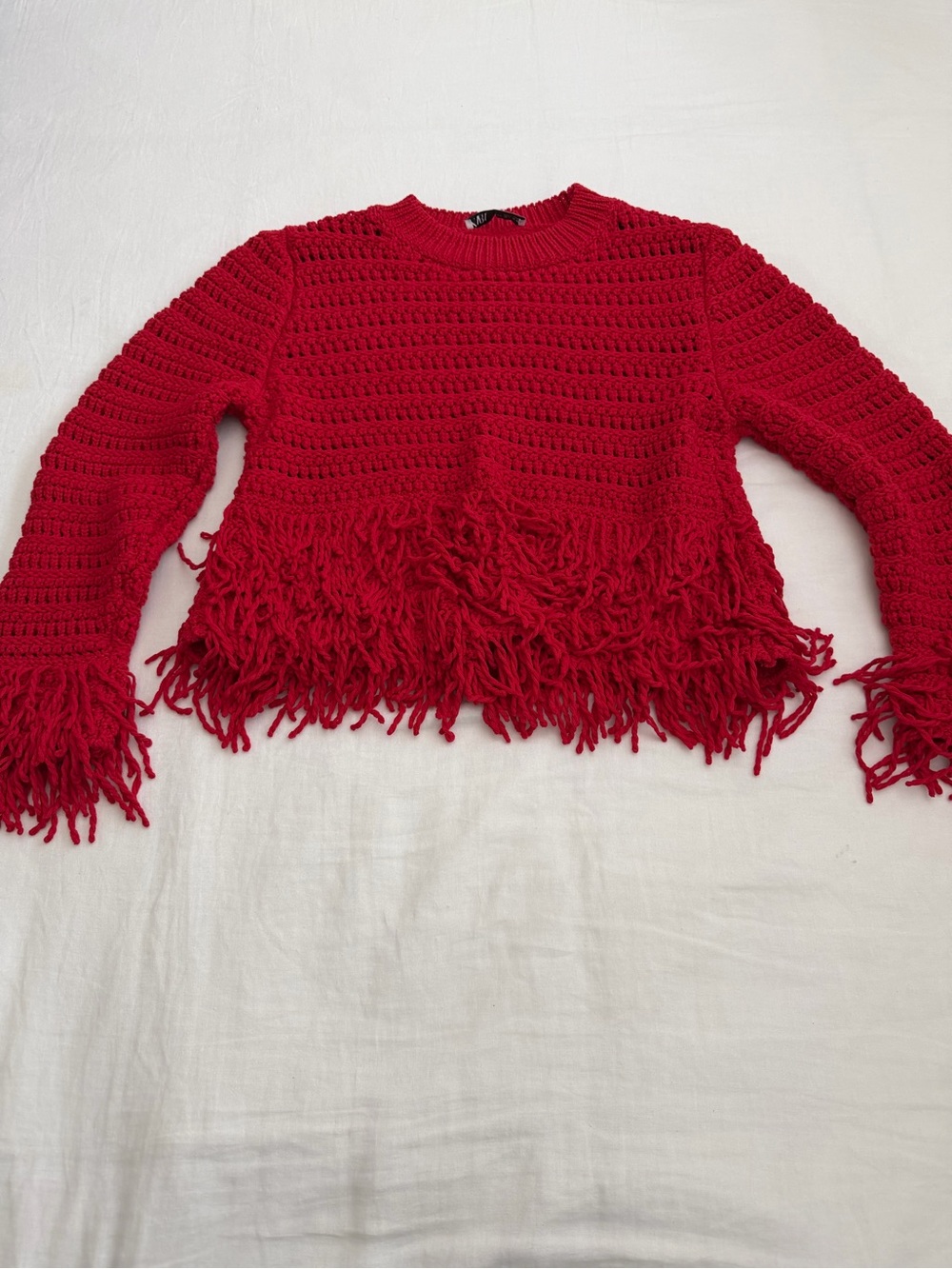 Zara Red Cropped Fringe Knit Sweater